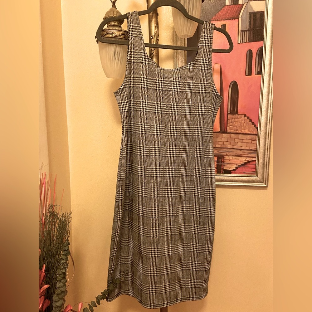 Plaid grey, black and white sleeveless dress, zippered down on the back